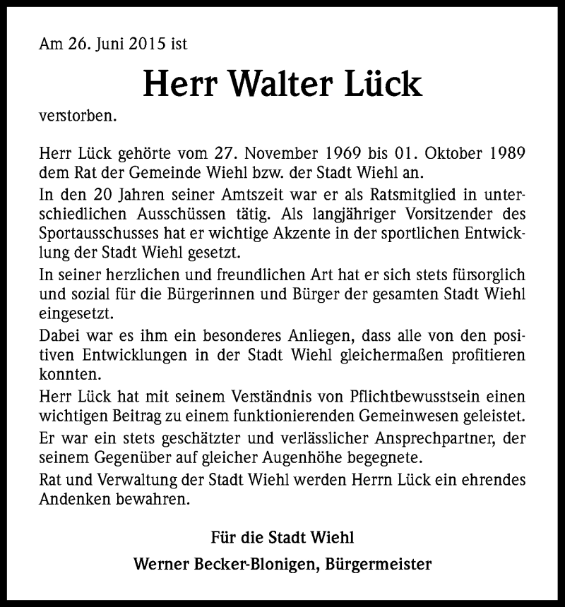  Traueranzeige für Walter Lück vom 02.07.2015 aus Kölner Stadt-Anzeiger / Kölnische Rundschau / Express