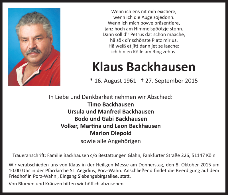  Traueranzeige für Klaus Backhausen vom 07.10.2015 aus  Kölner Wochenspiegel 