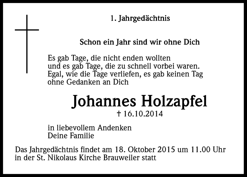  Traueranzeige für Johannes Holzapfel vom 10.10.2015 aus Kölner Stadt-Anzeiger / Kölnische Rundschau / Express