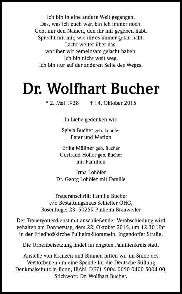  Traueranzeige für Wolfhart Bucher vom 20.10.2015 aus Kölner Stadt-Anzeiger / Kölnische Rundschau / Express