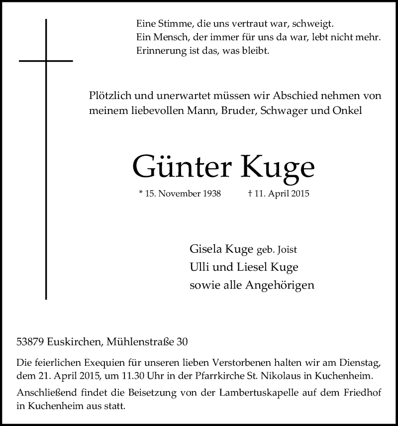  Traueranzeige für Günter Kuge vom 19.04.2015 aus  Blickpunkt Euskirchen 