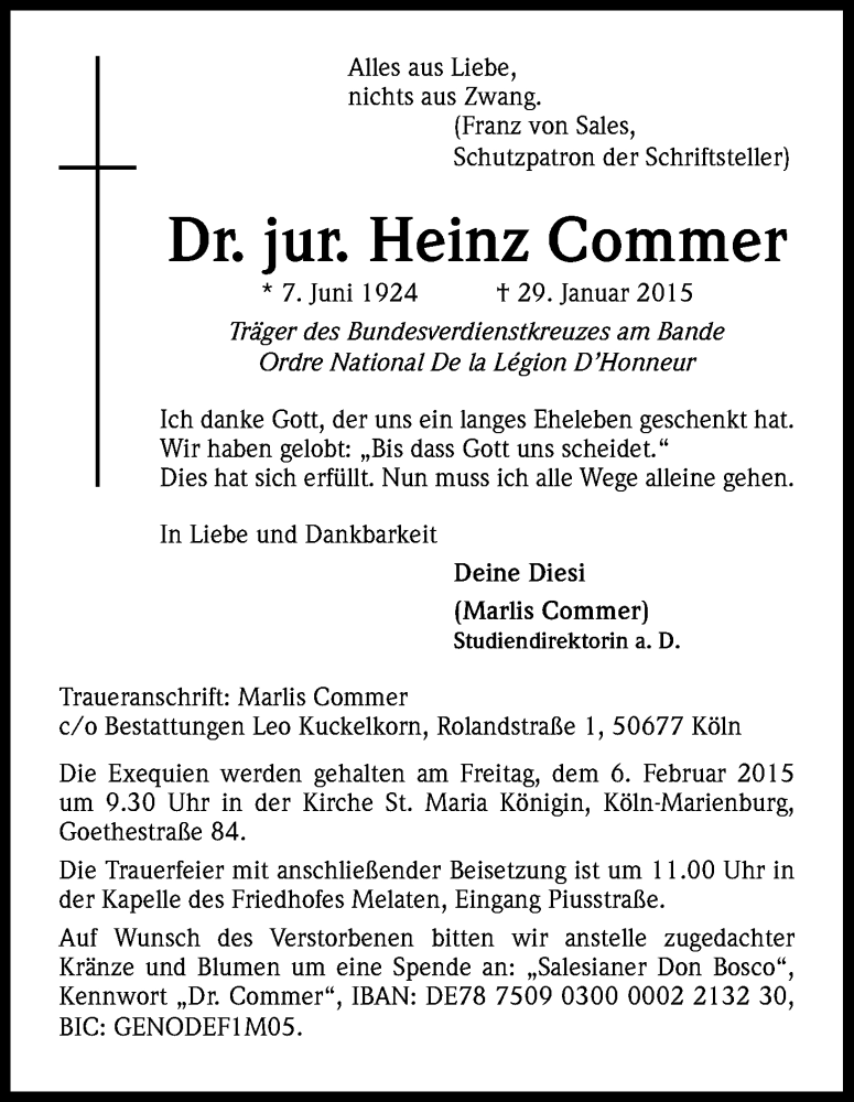  Traueranzeige für Heinz Commer vom 04.02.2015 aus Kölner Stadt-Anzeiger / Kölnische Rundschau / Express