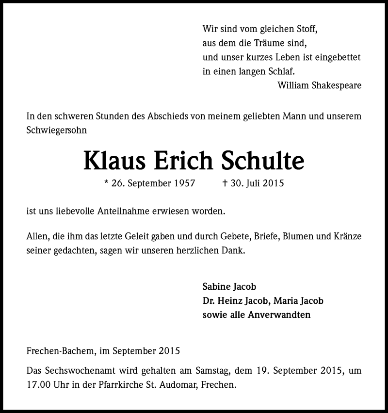  Traueranzeige für Klaus Erich Schulte vom 05.09.2015 aus Kölner Stadt-Anzeiger / Kölnische Rundschau / Express