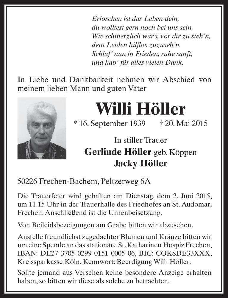  Traueranzeige für Willi Höller vom 27.05.2015 aus  Wochenende 