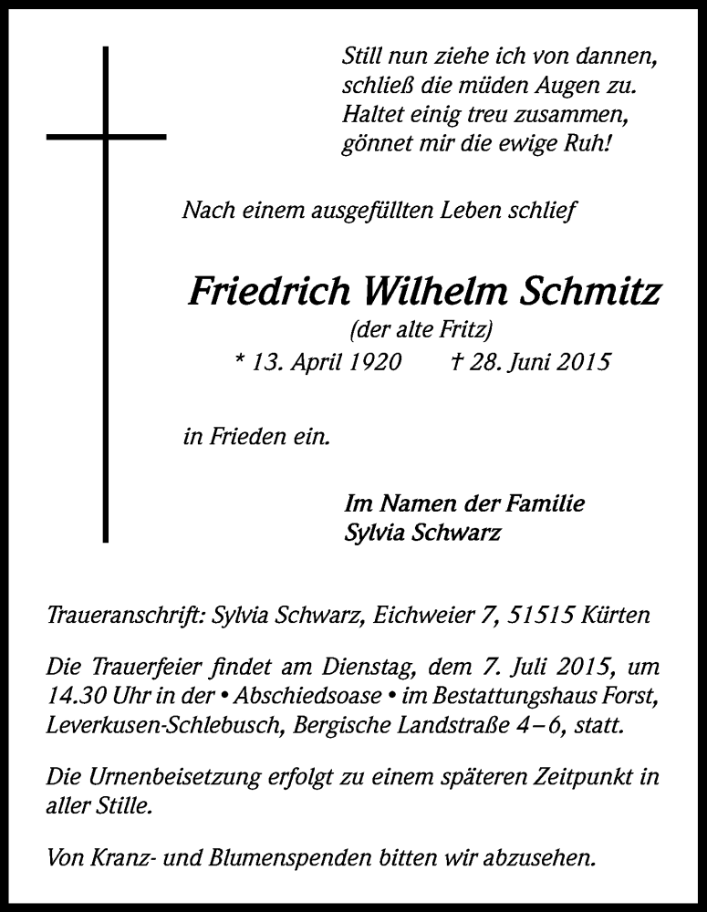  Traueranzeige für Friedrich Wilhelm Schmitz vom 02.07.2015 aus Kölner Stadt-Anzeiger / Kölnische Rundschau / Express