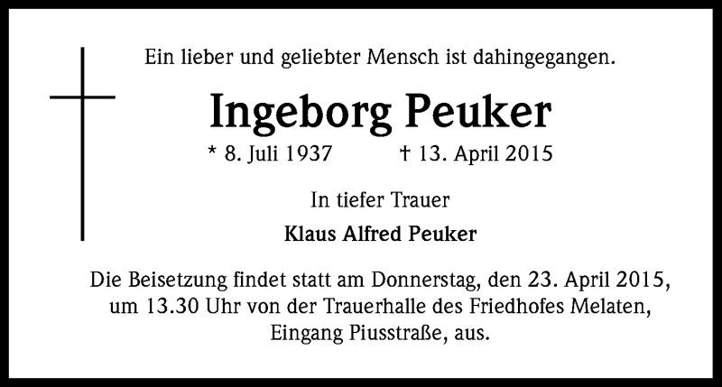  Traueranzeige für Ingeborg Peuker vom 20.04.2015 aus Kölner Stadt-Anzeiger / Kölnische Rundschau / Express