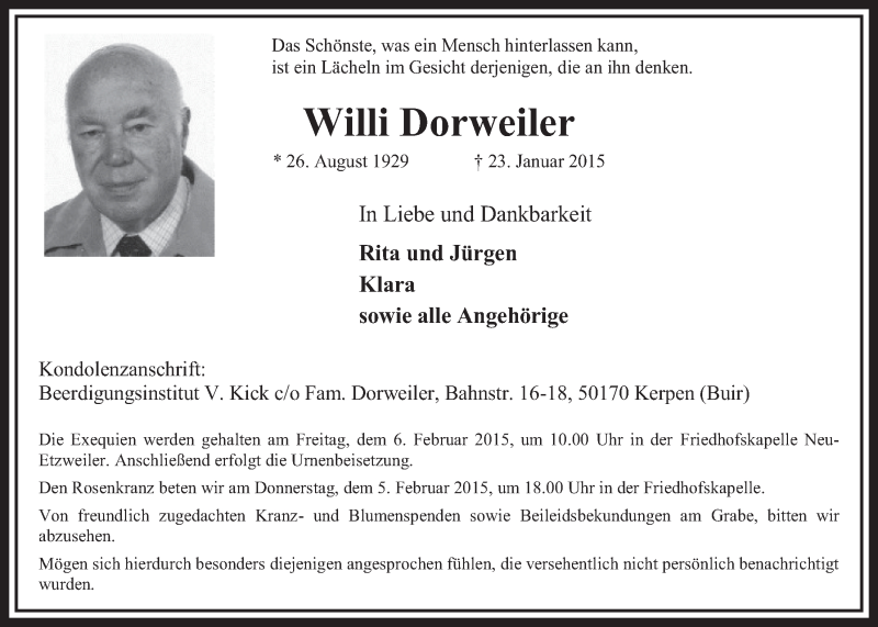  Traueranzeige für Willi Dorweiler vom 31.01.2015 aus  Sonntags-Post 