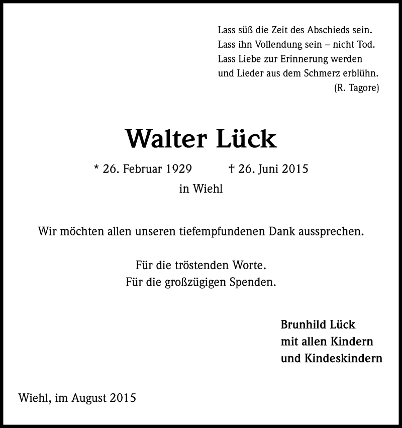 Traueranzeige für Walter Lück vom 08.08.2015 aus Kölner Stadt-Anzeiger / Kölnische Rundschau / Express