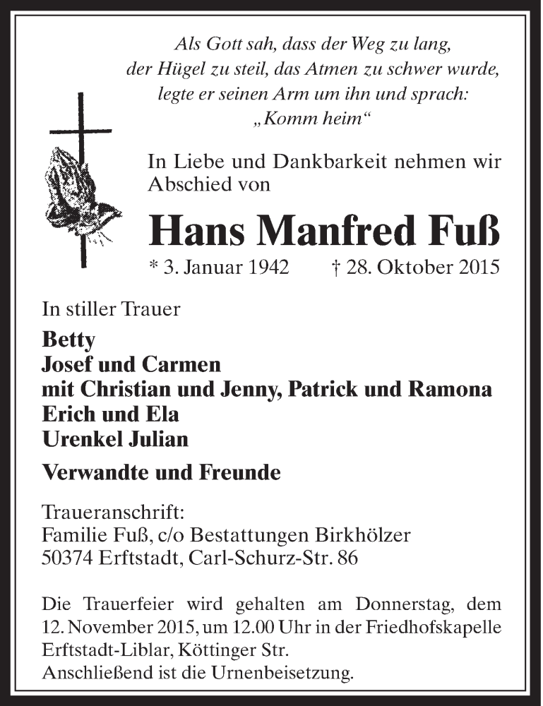  Traueranzeige für Hans Manfred Fuß vom 11.11.2015 aus  Schlossbote/Werbekurier  Werbepost 