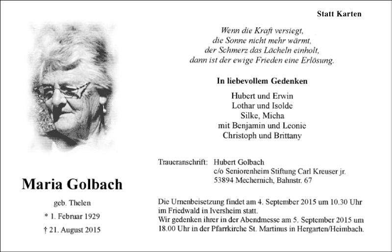  Traueranzeige für Maria Golbach vom 30.08.2015 aus  Blickpunkt Euskirchen 
