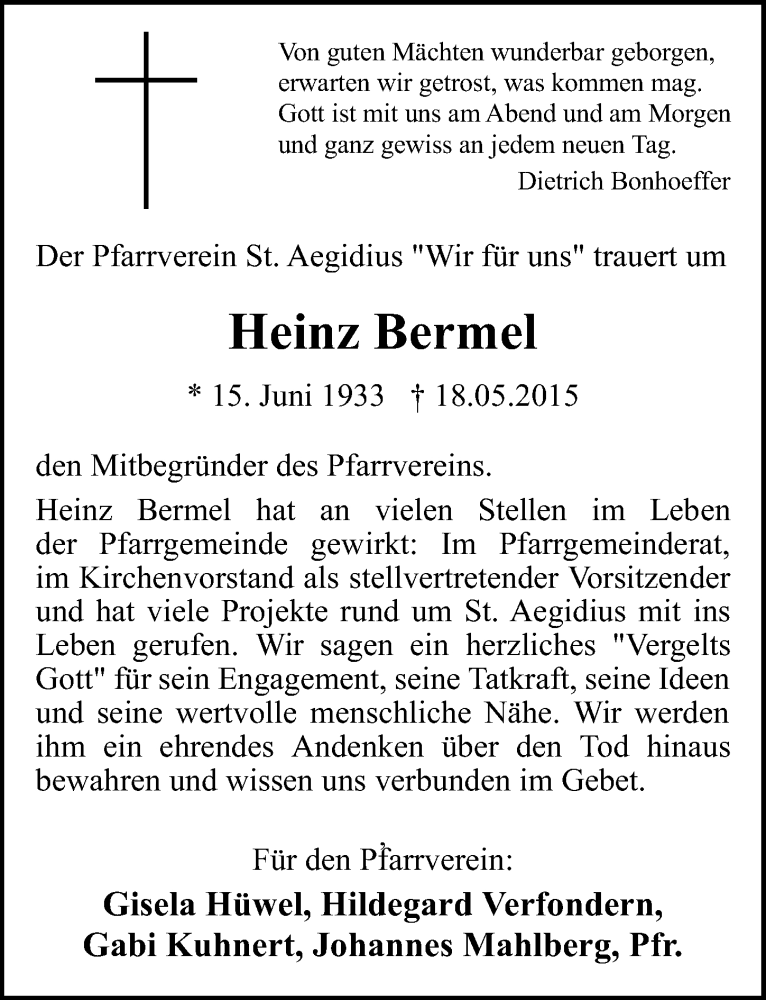  Traueranzeige für Heinz Bermel vom 27.05.2015 aus  Kölner Wochenspiegel 