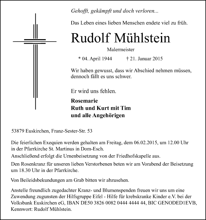  Traueranzeige für Rudolf Mühlstein vom 01.02.2015 aus  Blickpunkt Euskirchen 