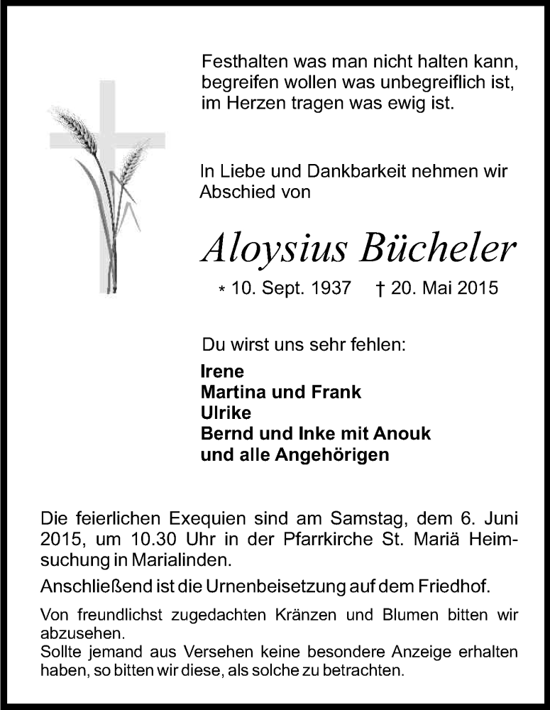  Traueranzeige für Aloysius Bücheler vom 28.05.2015 aus Kölner Stadt-Anzeiger / Kölnische Rundschau / Express