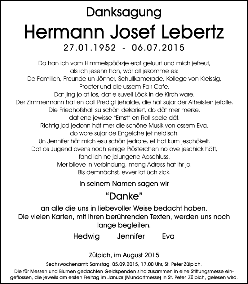  Traueranzeige für Hermann Josef Lebertz vom 30.08.2015 aus  Blickpunkt Euskirchen 