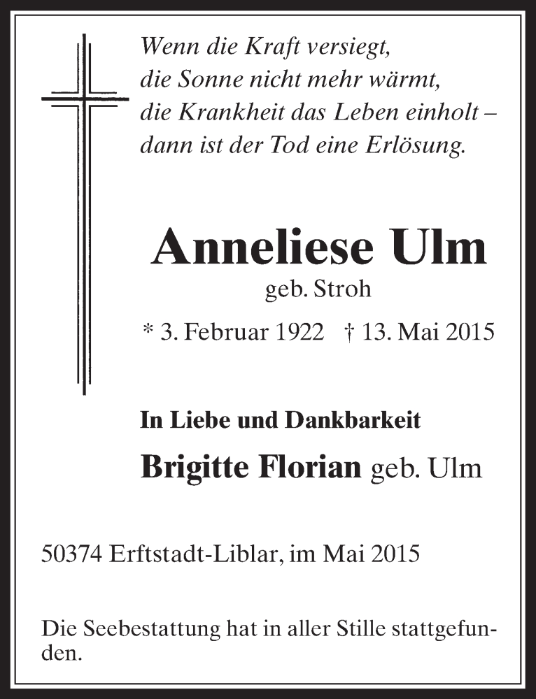  Traueranzeige für Anneliese Ulm vom 27.05.2015 aus  Werbepost 