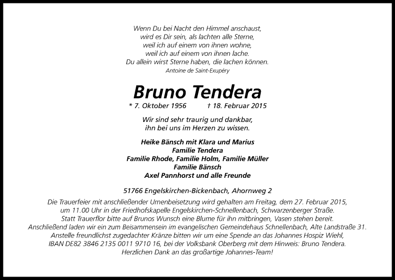  Traueranzeige für Bruno Tendera vom 21.02.2015 aus Kölner Stadt-Anzeiger / Kölnische Rundschau / Express
