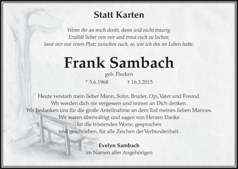  Traueranzeige für Frank Sambach vom 28.03.2015 aus  Sonntags-Post 