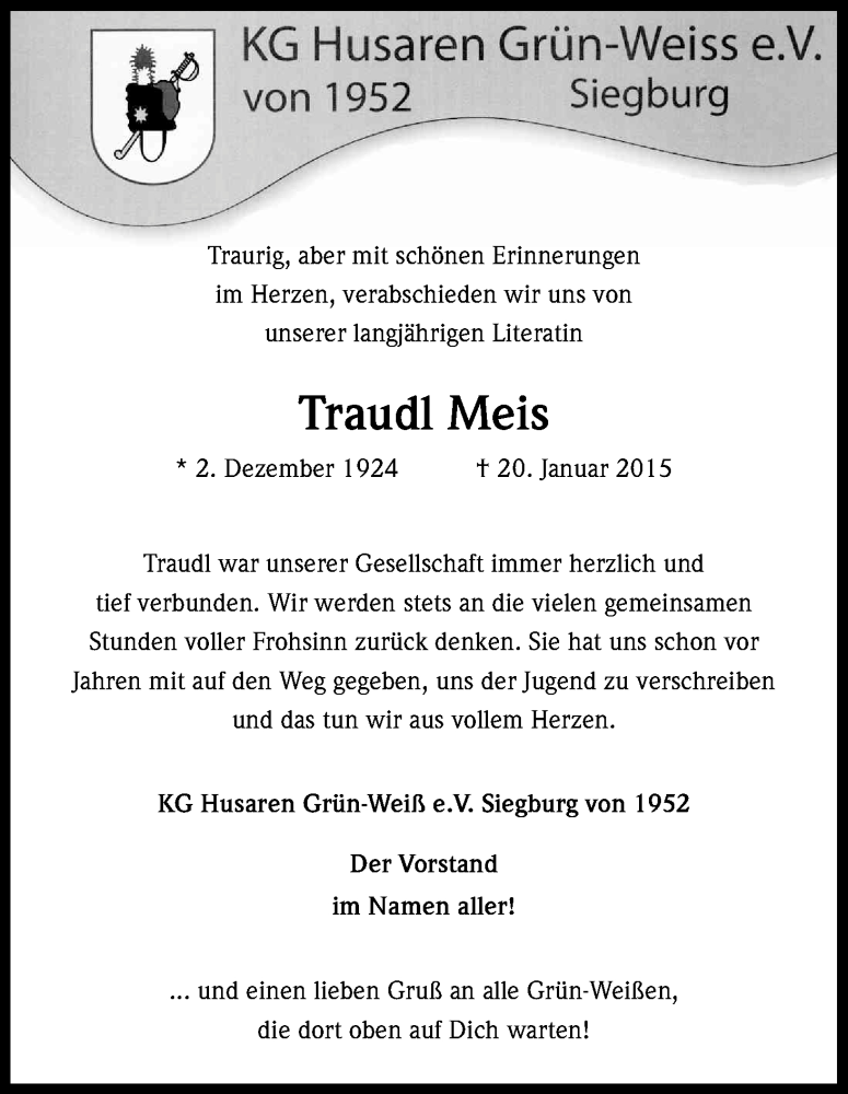  Traueranzeige für Traudl Meis vom 29.01.2015 aus Kölner Stadt-Anzeiger / Kölnische Rundschau / Express