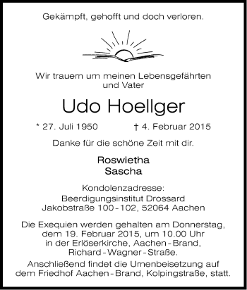 Anzeige von Udo Hoellger von Kölner Stadt-Anzeiger / Kölnische Rundschau / Express