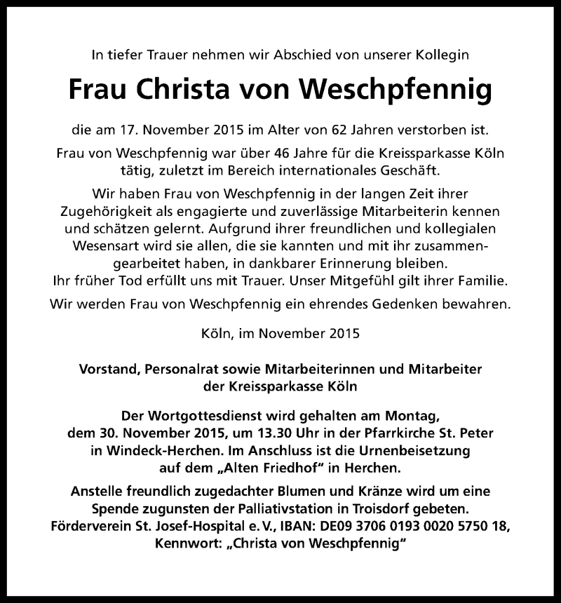  Traueranzeige für Christa von Weschpfennig vom 27.11.2015 aus Kölner Stadt-Anzeiger / Kölnische Rundschau / Express