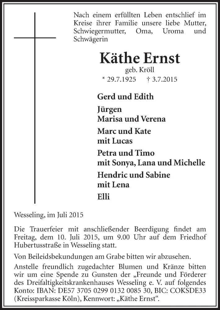  Traueranzeige für Käthe Ernst vom 08.07.2015 aus  Schlossbote/Werbekurier 