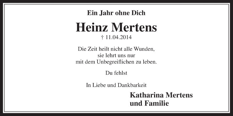 Traueranzeige für Heinz Mertens vom 11.04.2015 aus  Sonntags-Post 