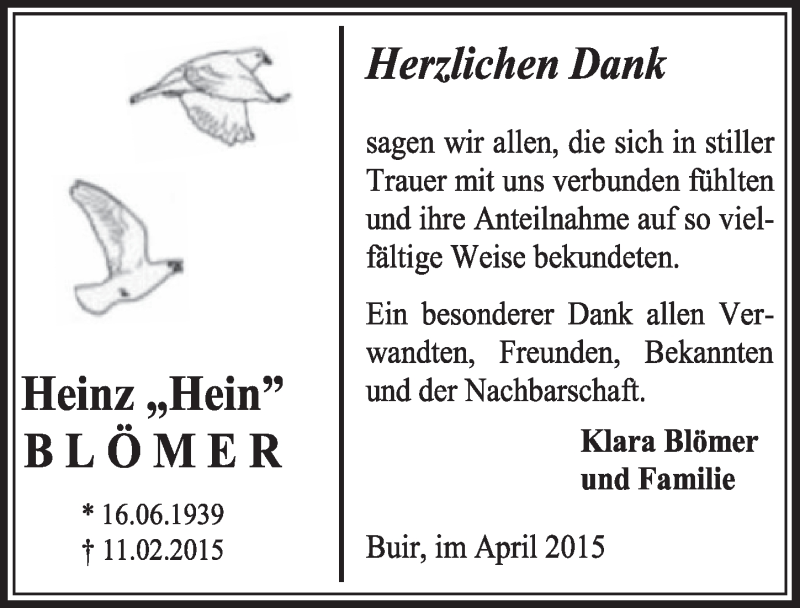  Traueranzeige für Heinz Blömer vom 25.04.2015 aus  Sonntags-Post 