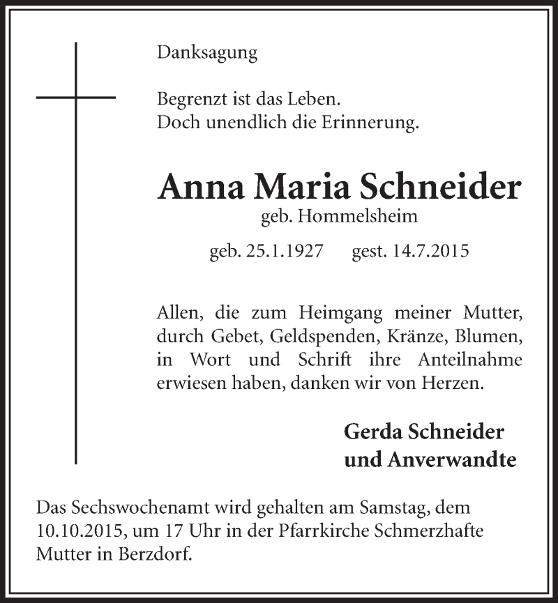  Traueranzeige für Anna Maria Schneider vom 07.10.2015 aus  Schlossbote/Werbekurier 