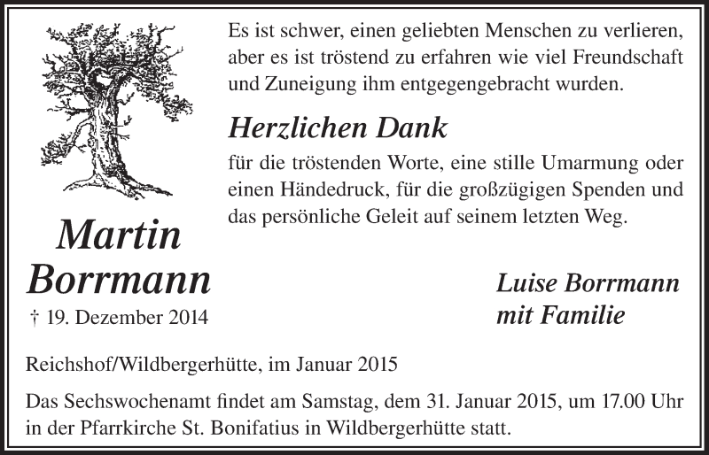  Traueranzeige für Martin Borrmann vom 28.01.2015 aus  Lokalanzeiger 