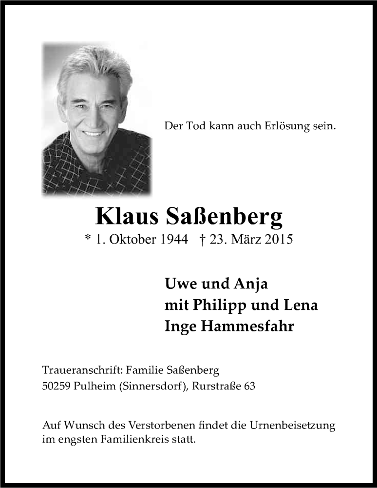  Traueranzeige für Klaus Saßenberg vom 28.03.2015 aus Kölner Stadt-Anzeiger / Kölnische Rundschau / Express