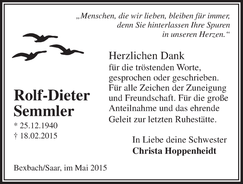  Traueranzeige für Rolf-Dieter Semmler vom 13.05.2015 aus  Lokalanzeiger 