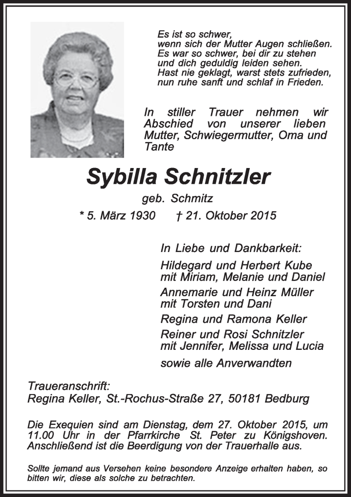  Traueranzeige für Sybilla Schnitzler vom 24.10.2015 aus  Sonntags-Post 