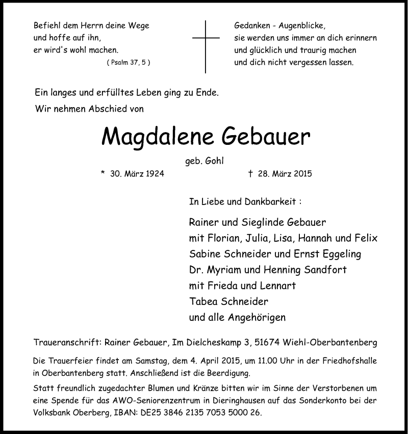  Traueranzeige für Magdalene Gebauer vom 31.03.2015 aus Kölner Stadt-Anzeiger / Kölnische Rundschau / Express