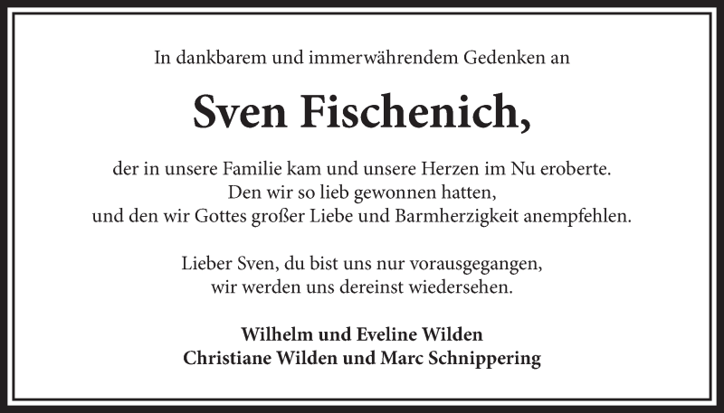 Traueranzeige für Sven Fischenich vom 22.04.2015 aus  Schlossbote/Werbekurier 