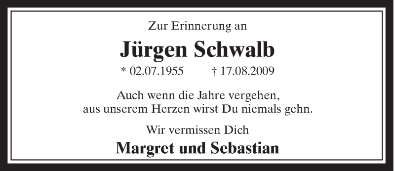  Traueranzeige für Jürgen Schwalb vom 12.08.2015 aus  Schaufenster/Blickpunkt 