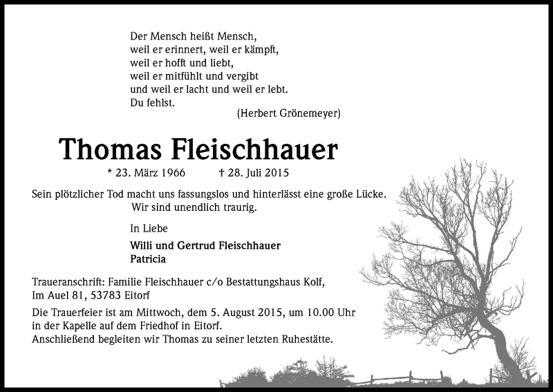  Traueranzeige für Thomas Fleischhauer vom 01.08.2015 aus Kölner Stadt-Anzeiger / Kölnische Rundschau / Express