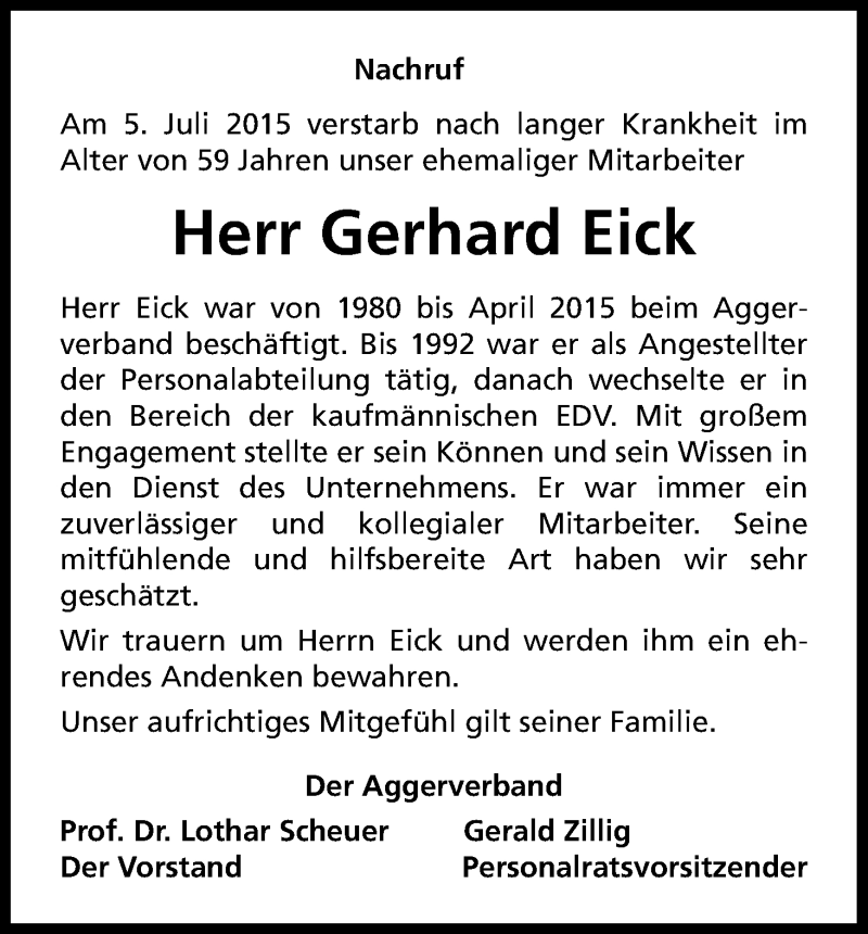  Traueranzeige für Gerhard Eick vom 09.07.2015 aus Kölner Stadt-Anzeiger / Kölnische Rundschau / Express