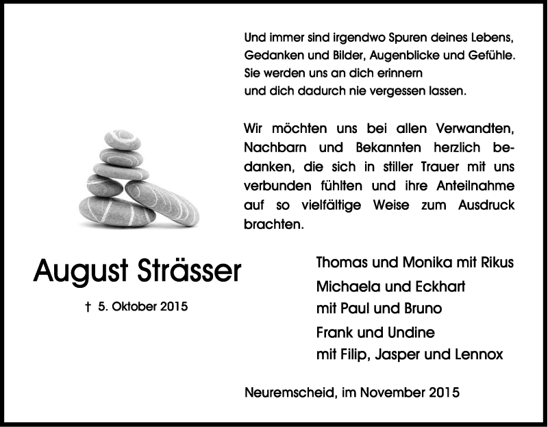 Traueranzeige für August Strässer vom 27.11.2015 aus Kölner Stadt-Anzeiger / Kölnische Rundschau / Express