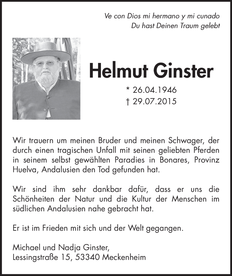  Traueranzeige für Helmut Ginster vom 05.08.2015 aus  Schaufenster/Blickpunkt 