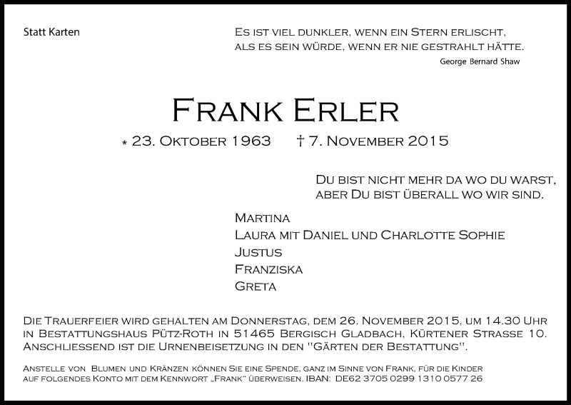  Traueranzeige für Frank Erler vom 21.11.2015 aus Kölner Stadt-Anzeiger / Kölnische Rundschau / Express