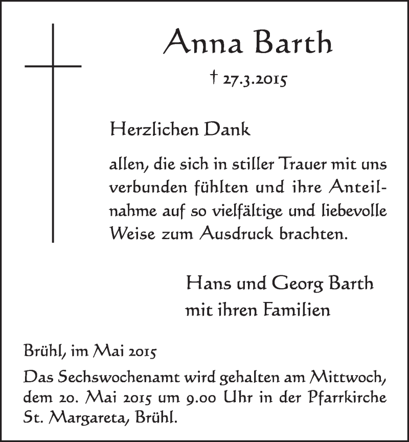  Traueranzeige für Anna Barth vom 13.05.2015 aus  Schlossbote/Werbekurier 