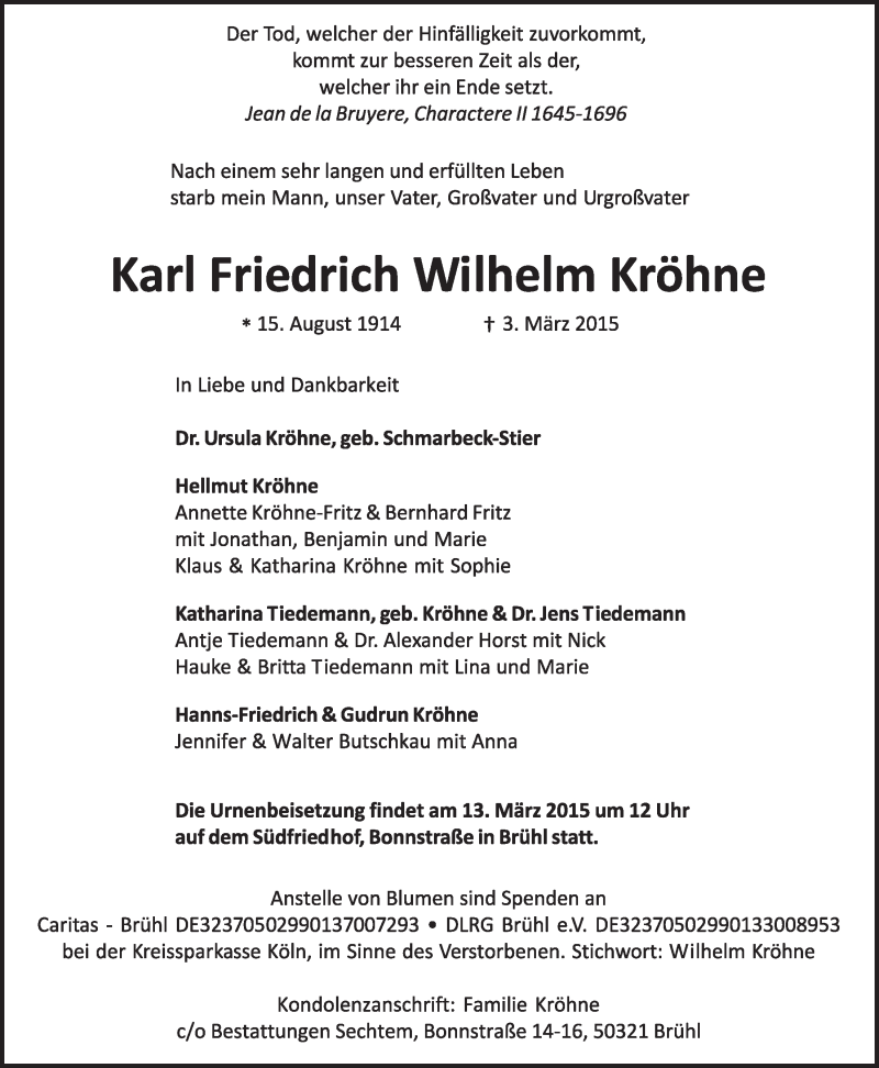  Traueranzeige für Karl Friedrich Wilhelm Kröhne vom 11.03.2015 aus  Schlossbote/Werbekurier 