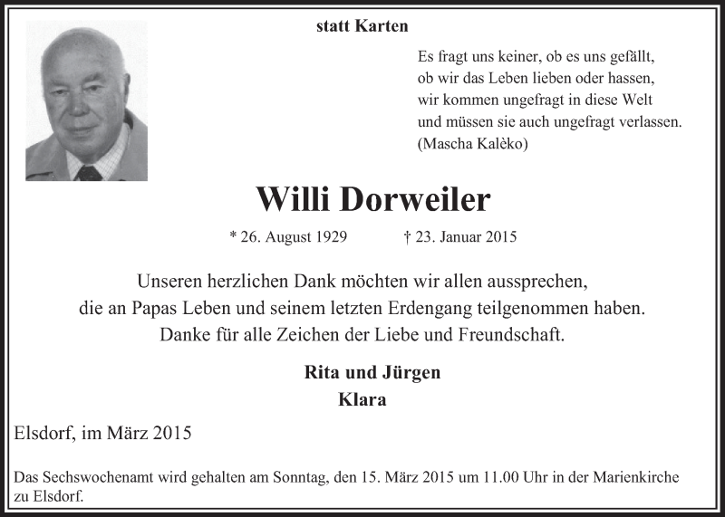  Traueranzeige für Willi Dorweiler vom 07.03.2015 aus  Sonntags-Post 