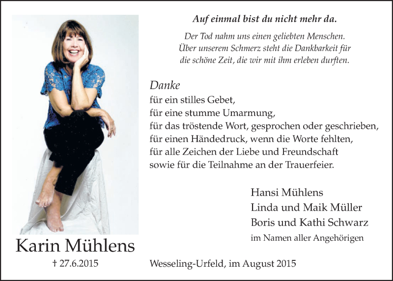  Traueranzeige für Karin Mühlens vom 26.08.2015 aus  Schlossbote/Werbekurier 