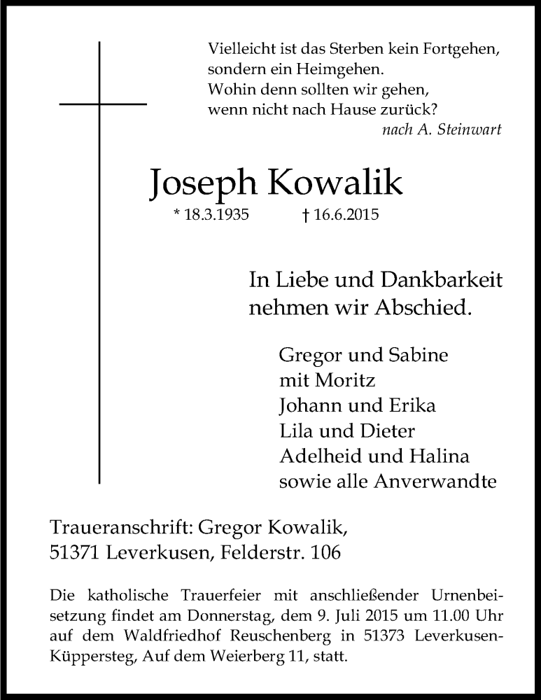  Traueranzeige für Joseph Kowalik vom 02.07.2015 aus Kölner Stadt-Anzeiger / Kölnische Rundschau / Express