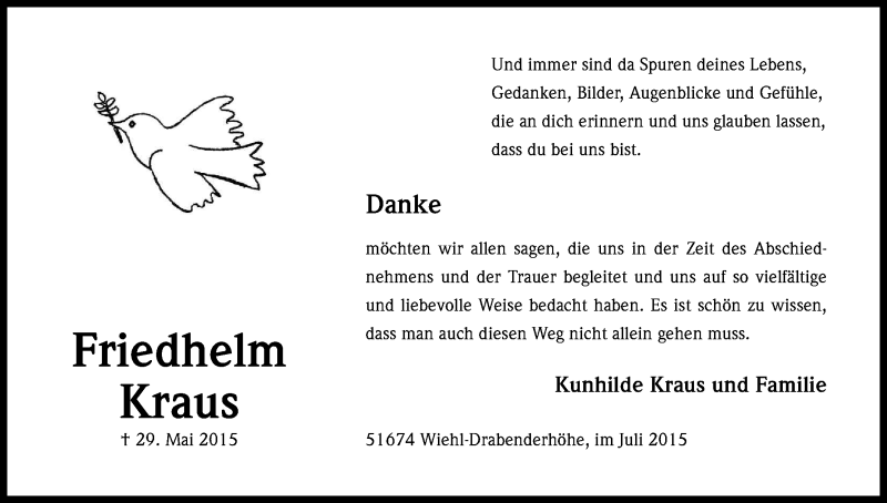  Traueranzeige für Friedhelm Kraus vom 04.07.2015 aus Kölner Stadt-Anzeiger / Kölnische Rundschau / Express