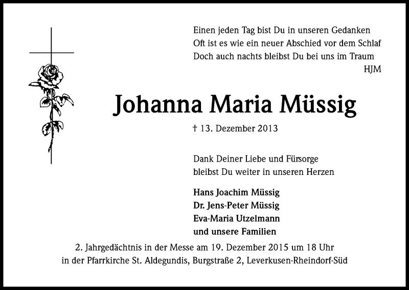  Traueranzeige für Johanna Maria Müssig vom 12.12.2015 aus Kölner Stadt-Anzeiger / Kölnische Rundschau / Express