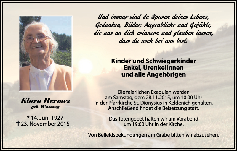  Traueranzeige für Klara Hermes vom 26.11.2015 aus Kölner Stadt-Anzeiger / Kölnische Rundschau / Express