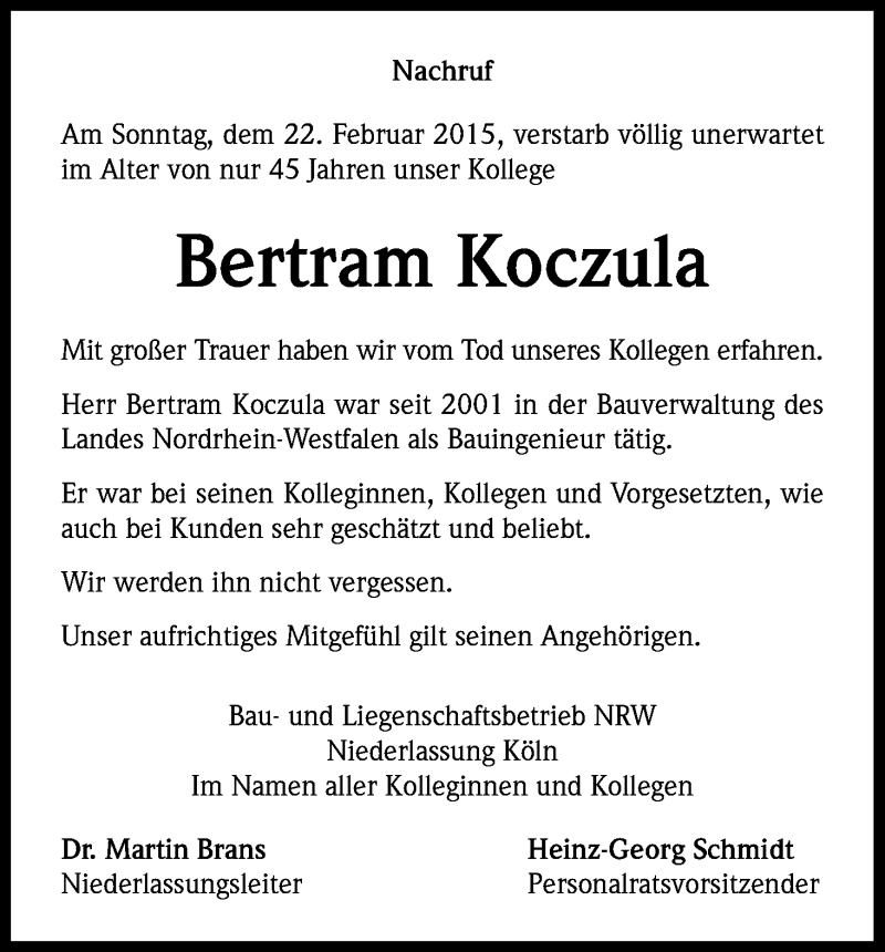  Traueranzeige für Bertram Koczula vom 28.02.2015 aus Kölner Stadt-Anzeiger / Kölnische Rundschau / Express
