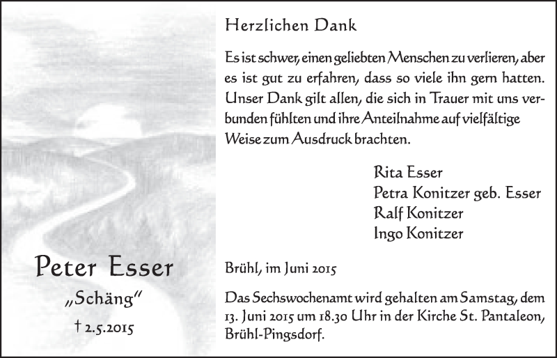  Traueranzeige für Peter Esser vom 03.06.2015 aus  Schlossbote/Werbekurier 